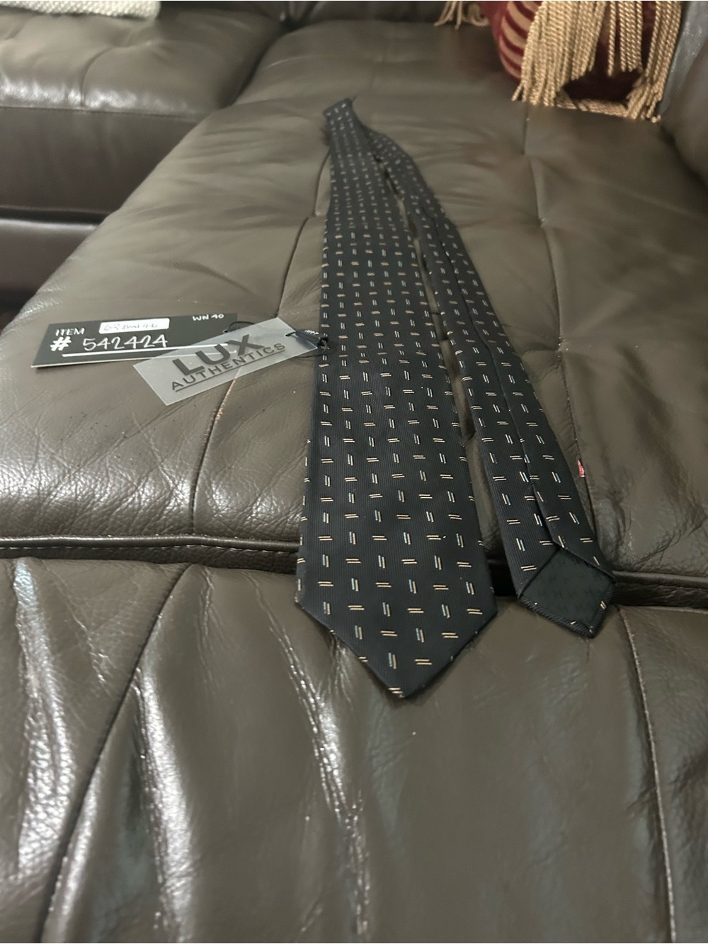 Hermes Navy Silk Tie with Beige Dash Motif